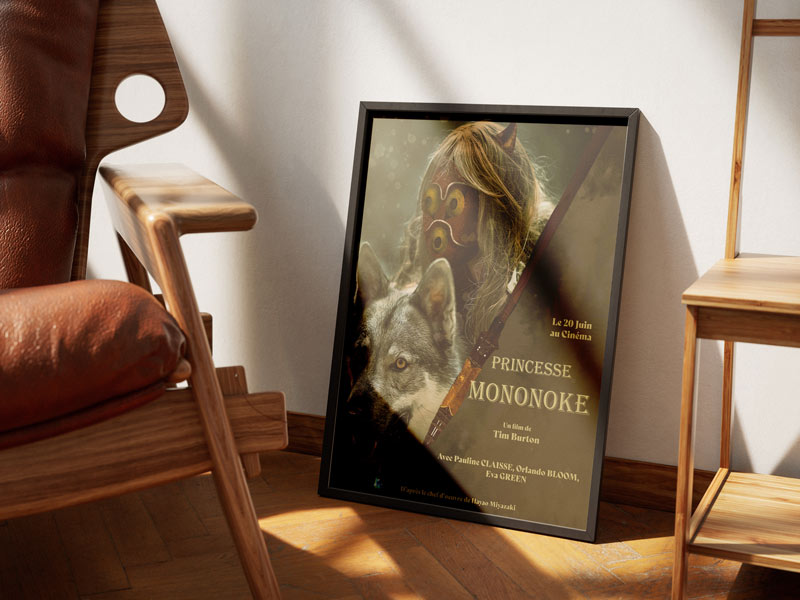 Mise en situation du poster de Princesse Mononoké encadré dans un salon.
