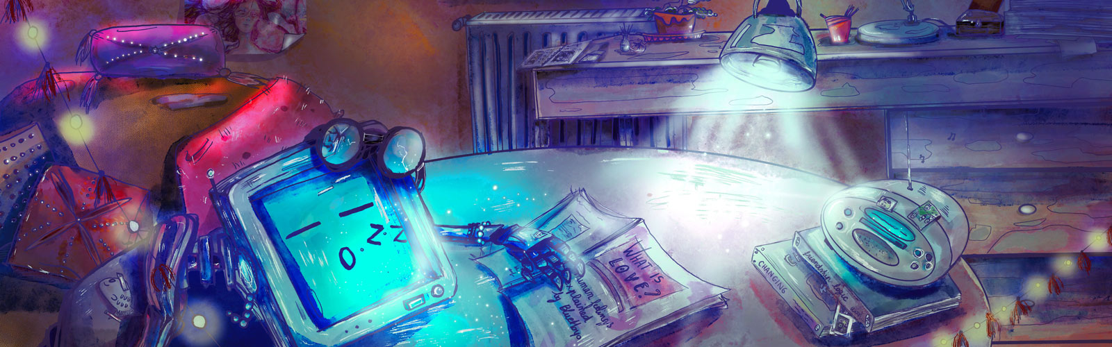 Illustration futuriste au format bannière d'un robot endormi sur sa table et devant son livre "What is love ?"
