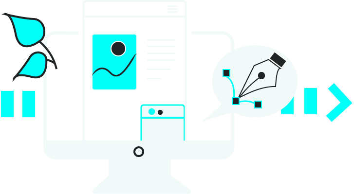 illustration d'une page web sur un écran et d'une plume avec des points d'ancrages